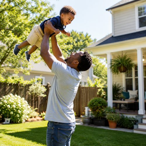 Father lifting his child in the backyard