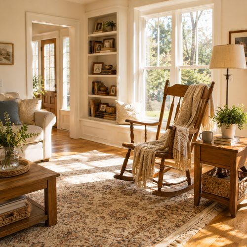 Cozy sunlit living room retreat with a rocking chair
